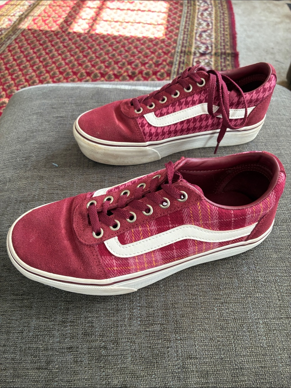 VANS Maroon Platform Plaid Mix Low-Top Sneakers
